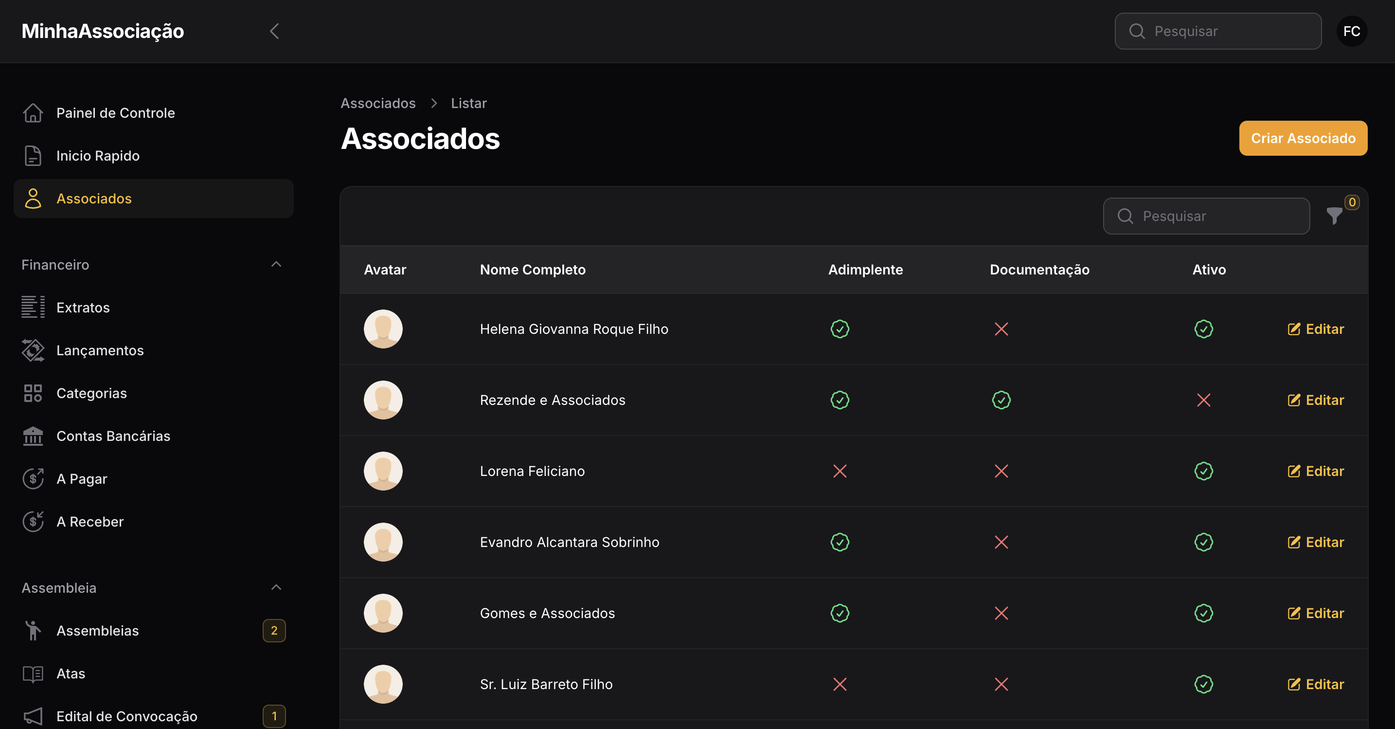Dashboard do sistema